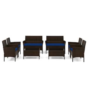 8-Piece Rattan Patio Conversation Set Outdoor Wicker Furniture Set with Tempered Glass Table Navy Cushions