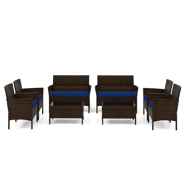 Gymax 8-Piece Rattan Patio Conversation Set Outdoor Wicker Furniture Set with Tempered Glass Table Navy Cushions