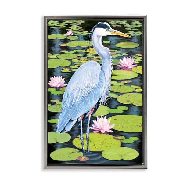 Stupell Industries Heron Among Pond Lilies by Rosiland Solomon Gray Floater Frame Animal Graphic Art Print 25 in. x 17 in.