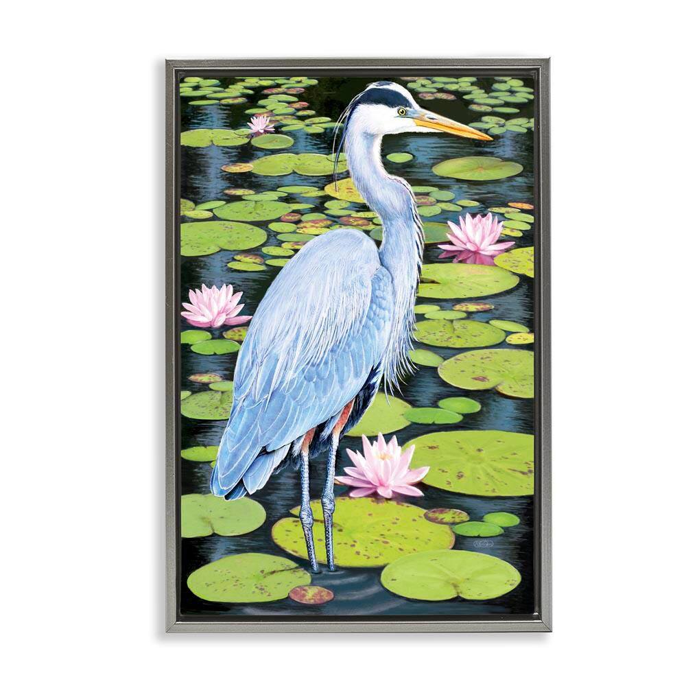 Heron Among Pond Lilies by Rosiland Solomon Gray Floater Frame Animal Graphic Art Print 31 in. x 21 in. price history on PriceWatchPro