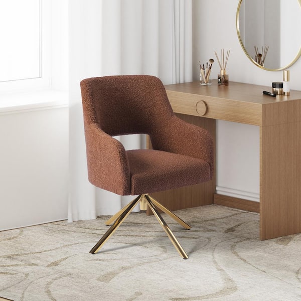 Stain Resistant Boucle Fabric Upholstered Swivel Vanity Stool Side Chair for Living Room Home Office in Rust Orange