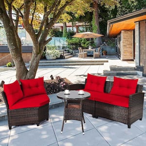 4-Piece Wicker Rectangular Patio Conversation Set with Red Cushions