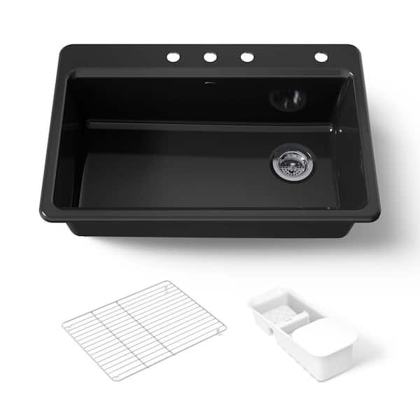 Riverby Drop-In Cast Iron 33 in. 4-Hole Single Bowl Kitchen Sink Kit with Accessories in Black Black
