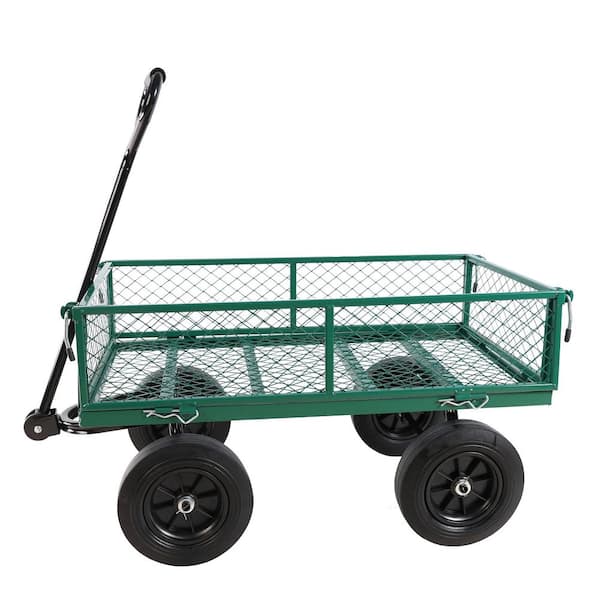 JimsMaison 3.5 cu. ft. Green Metal Garden Cart with Removable Sides and Adjustable Handle