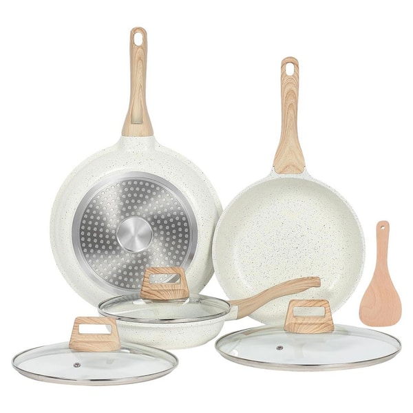 11 in Nonstick Aluminum Ceramic Frying Pan Set with Lids, PTFE and PFOA Free, Induction Compatible, White, 1 Set