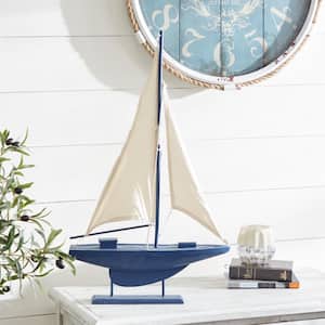 3 in. x 28 in. Dark Blue Wood Sail Boat Sculpture with Lifelike Rigging