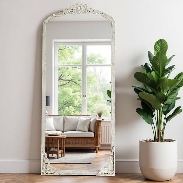 Wooakway 28 in W x 67 in. H Arch Ornate Mirror Accent Mirror Solid Wood Full Length Mirror Weathered White
