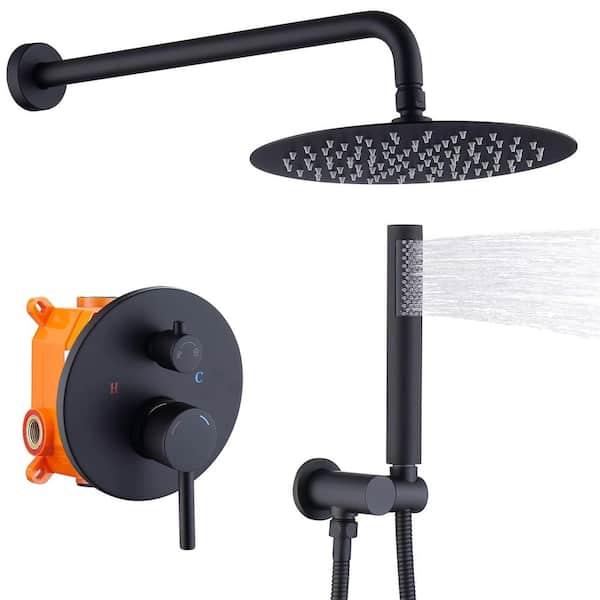 AIMADI Single Handle 1-Spray Shower Faucet 1.8 GPM with Pressure Balance 10 In. Brass Wall Mounted Shower System in Matte Black