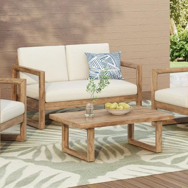 Coporesell 2-Piece Acacia Wood Patio Conversation Set with Beige Cushions