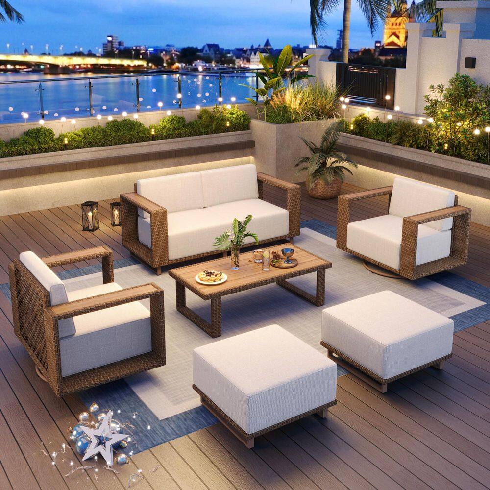 Brown Rattan Wicker 6 Seat 7-Piece Steel Outdoor Sectional Set with Beige Cushions,Swivel Chairs,2 Ottomans,Coffee Table