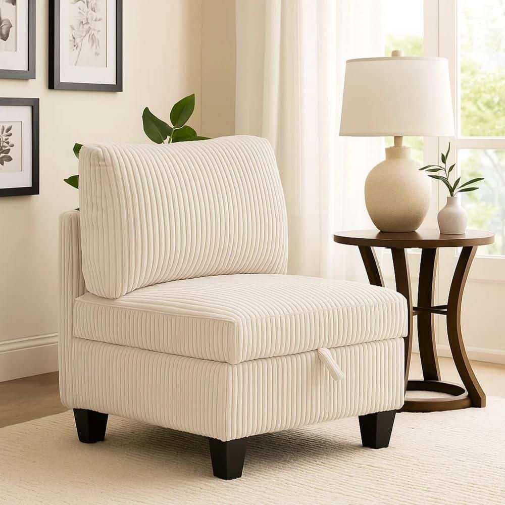 Benjara Ellene Beige and Black Corduroy Armless Chair with Storage ...