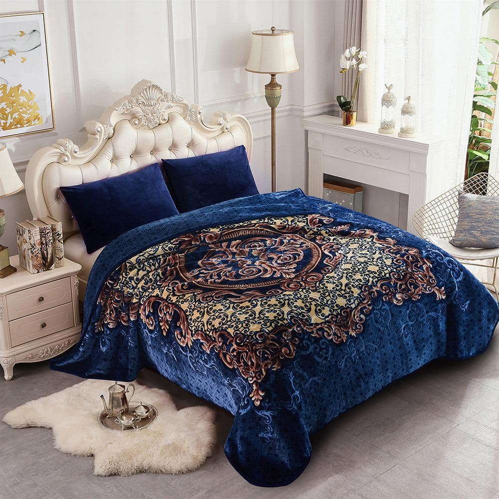 JML Navy 85 in. x 95 in. Polyester Warm Thick Raschel Mink Blanket