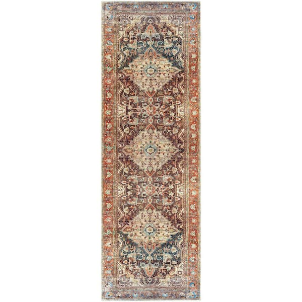 Michelle Burnt Orange/Teal Oriental 3 ft. x 8 ft. Machine-Washable Indoor Runner Area Rug
