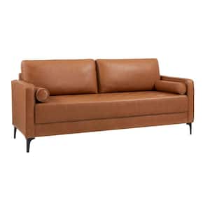 Goodwin Mid-Century Modern Vegan Faux Leather Sofa with Throw Pillows in Carmel Brown (75.6 in. L)