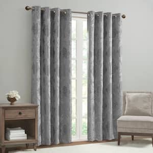 Loraine Grey Damask Knitted Jacquard Paisley 50 in. W x 84 in. L Blackout Grommet Top Curtain