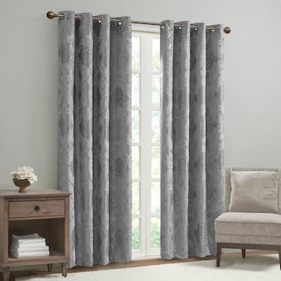 Loraine Grey Total Blackout Knitted Jacquard Paisley Grommet Top Window Curtain Panel 50 in. W x 95 in. L