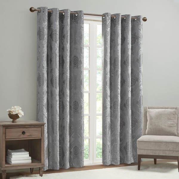 Sun Smart Loraine Grey Damask Knitted Jacquard Paisley 50 in. W x 95 in. L Blackout Grommet Top Curtain