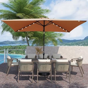 10 ft.x 6.5 ft. Steel Market Solar LED Lighted Patio Umbrella with Crank and Push Button Tilt in Brown