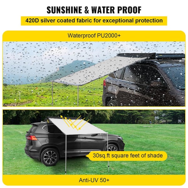 VEVOR Car Side Awning, 4.6'x6.6', Pull-Out Retractable Vehicle Awning Waterproof Uv50+, Telescoping Poles Trailer Sunshade Rooftop Tent w/ Carry Bag