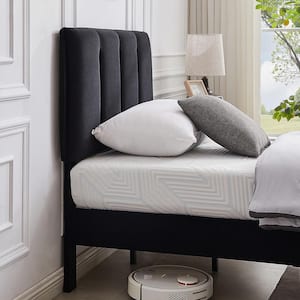 Upholstered Bed Frame, Black Metal Frame Twin Platform Bed with Adjustable Headboard, Wood Slat, No Box Spring Needed