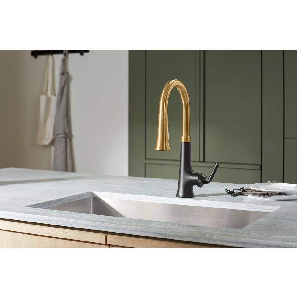 Matte Black and Brass Pull Down Kitchen Faucet with Spray