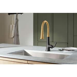 Tone Single Handle Pull Down Sprayer Kitchen Faucet in Matte Black with Moderne Brass