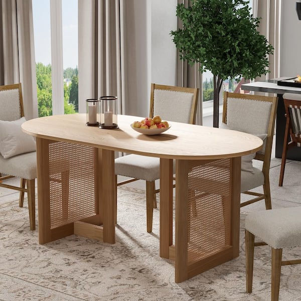 NEUTYPE Cinna Oak Color Wood 67 in. Oval Double Pedestal Dining Table Seats 6