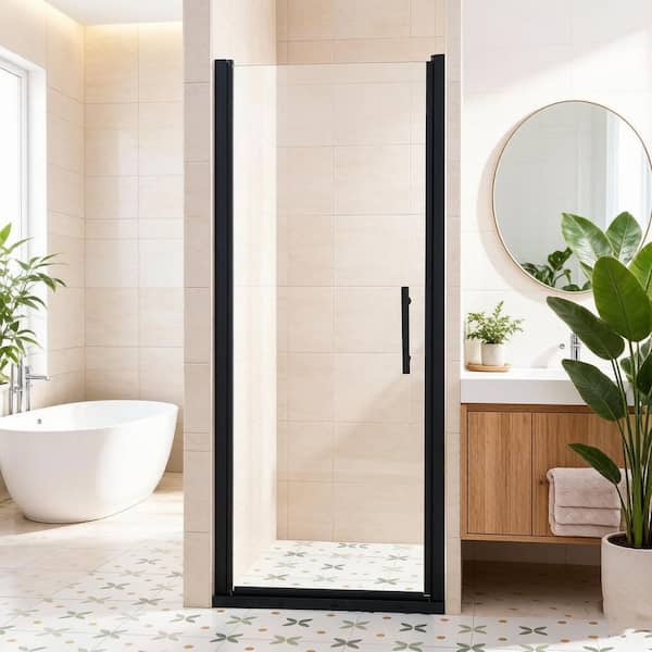 32 in.-33.5 in. W x 75 in. H Pivot Semi-Frameless Shower Door in Matte Black with SGCC Clear Glass