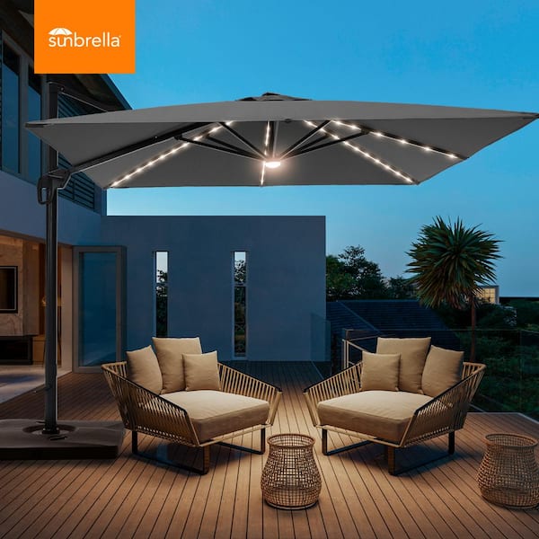 Sonkuki Gray Premium 10 x 10 ft. LED Cantilever Patio Umbrella with Base and 360° Rotation and Infinite Canopy Angle Adjustment