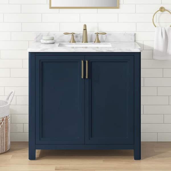 Home Decorators Collection Sandon 36 in. Single Sink Midnight Blue Bath Vanity with Carrara Marble Top (Assembled)