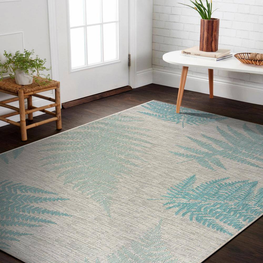 Teal and Cream Synthetic Flat Woven 8' x 10' Area Rug