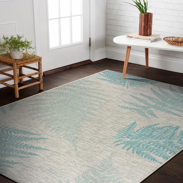 Botanical Teal / Cream 5 ft. 3 in. x 7 ft. 3 in. Fallen Fern Polypropylene Indoor/Outdoor Area Rug