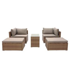 Gray Cushions 5-Piece PE Rattan Wicker Outdoor Sectional Sofa Set with Tempered Glass Tabletop Tabl
