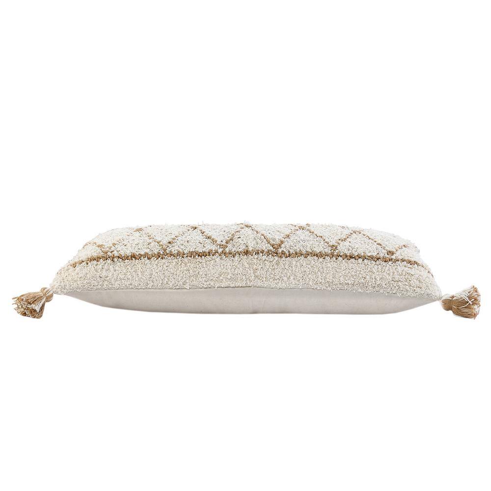Ivory and Tan Boho-Chic Diamond Jute and Cotton Lumbar Throw Pillow