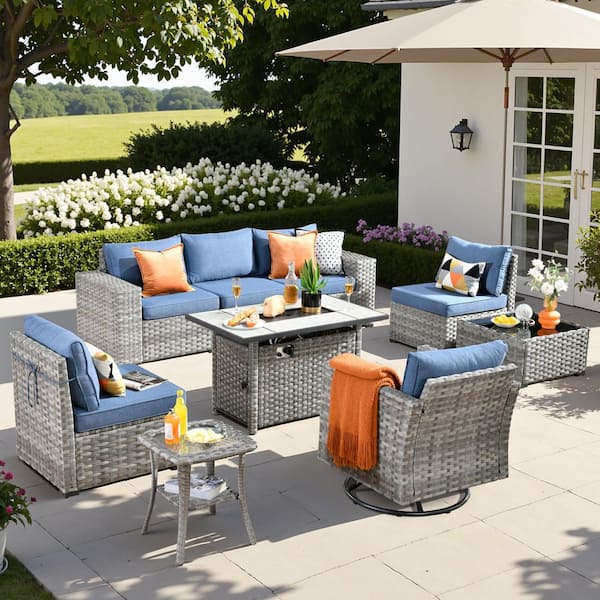HOOOWOOO Tahoe Grey 9-Piece Wicker Patio Rectangle Fire Pit Conversation Sofa Set with a Swivel Chair and Denim Blue Cushions