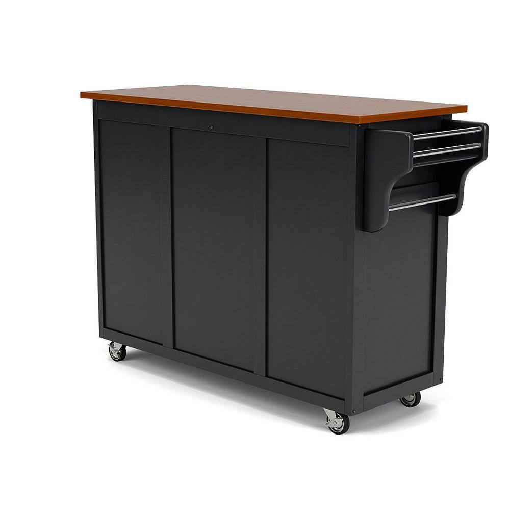 Black Wood Kitchen Cart with Oak Top and Storage