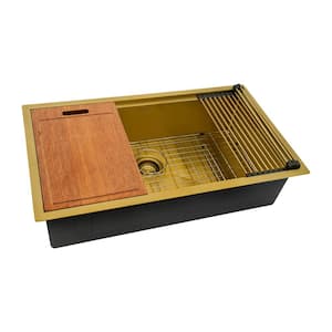 Giana Brass Matte Gold Stainless Steel 27 in. x 19 in. Single Bowl Undermount Workstation Kitchen Sink