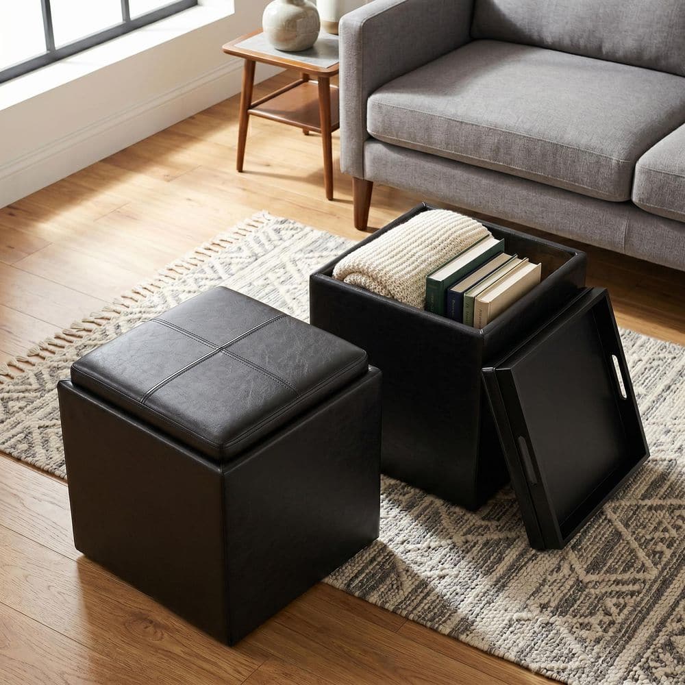 Simpli Home Rockwood 18 in. Square Cube Storage Ottoman with Tray
