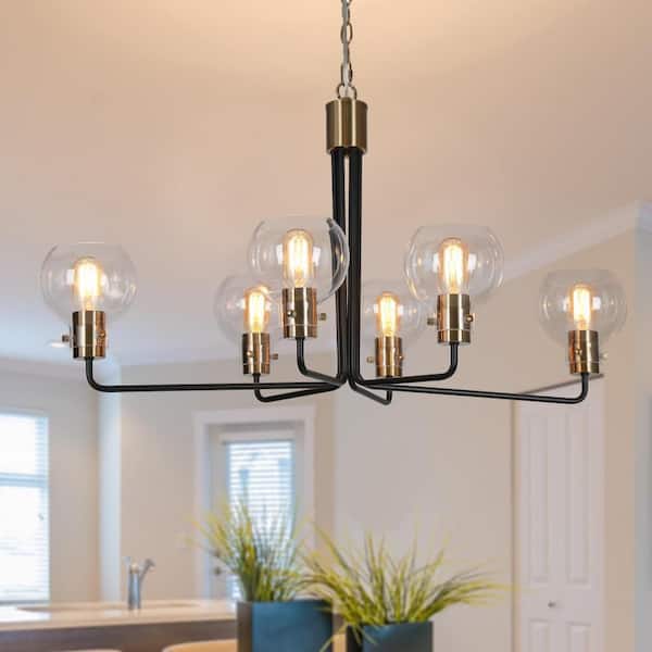Modern Farmhouse 6-Light Brass Gold Chandelier Pendant Light with Clear Globe Glass, Black Hanging Pendant Lighting