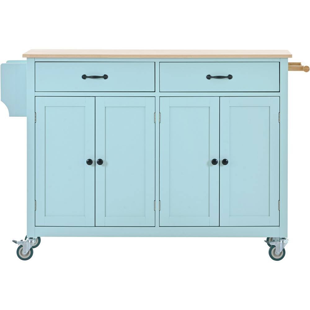 Mint Green Solid Wood Top 54.33 in. Kitchen Island with Wheels, 4Door