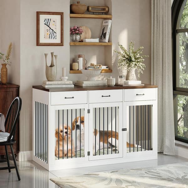 Heavy-Duty Dog Kennels Crate Storage Cabinet, Decorative Large Dog House Furniture Dog Cage with 3-Drawers, White