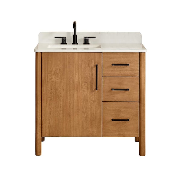 Velora 36 in. Single Freestanding Mango Brown Bath Vanity with Grain White Engineered Stone Top Assembled