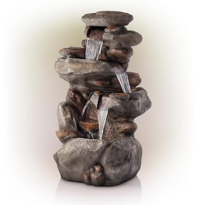 40 in. Tall Outdoor 4-Tier Rock Water Fountain with LED Lights