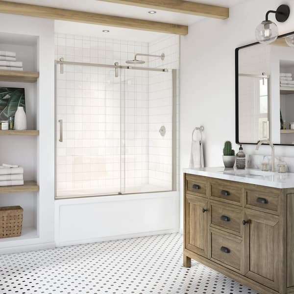 Outback 58 1/2 in. W x 57 in. H 8mm Sliding Tub Door for Alcove Installation in Brushed Nickel with Clear Glass