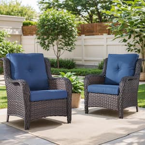 Porch Brown Wicker Outdoor Lounge Chair with Blue Cushions (2-Pack)