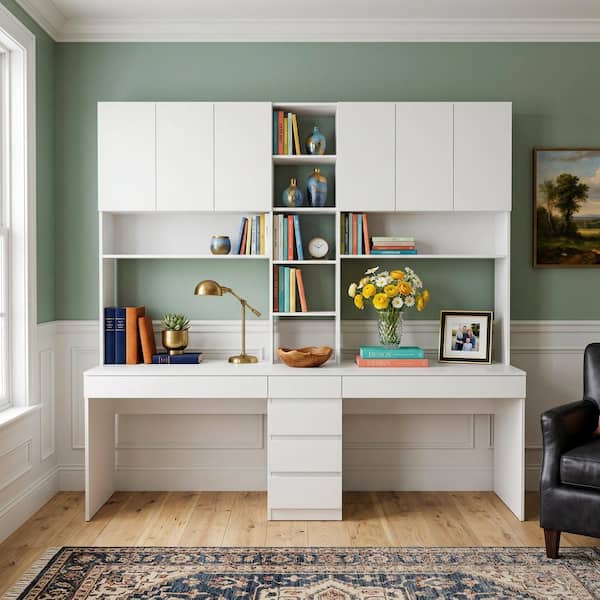 94.5 in. W Large 2 in. 1 Wood Double Computer Desk White Writing Desk 86.6 in. Tall Bookshelf, Drawers Home Office