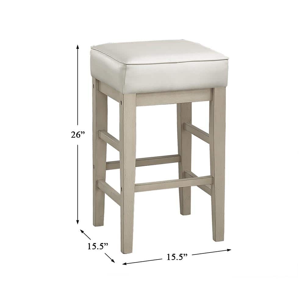 White Faux Leather and Wood Backless Counter Stools, 24 Inch