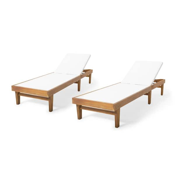 Noble House Summerland White and Teak Brown Wood Adjustable Outdoor Patio Chaise Lounges (Set of 2)