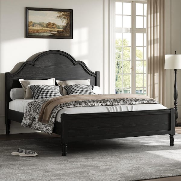 Iro Modern Black Wood Frame Queen Size Platform Bed with Curved Headboard and Footboard