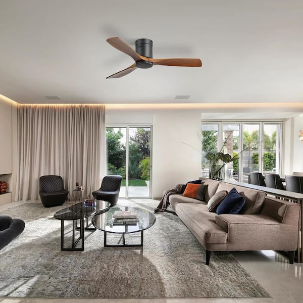 52 in. Indoor/Outdoor Smart Black Standard Solid Wood Ceiling Fan without Light and Remote/APP Control, Flush Mount